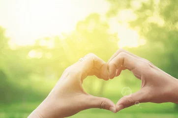 Deurstickers Natuur Female hands heart shape on nature green bokeh sun light flare and blur leaf abstract background.