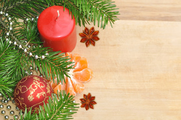 Green Christmas Tree, Red and Gold Ball, Mandarin as Holiday Dec