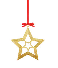Fototapeta na wymiar Golden Christmas star on red ribbon isolated on white background