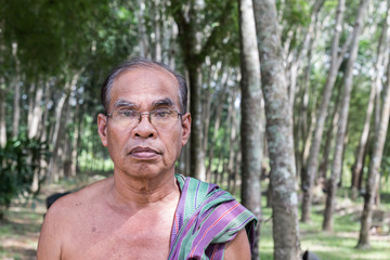 Thai aged man standing in rubber tree garden