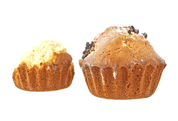 Muffins with raisins on a white background