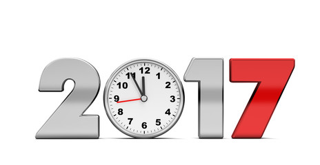 New Year 2017 red metal clock isolated on a white background. 3d