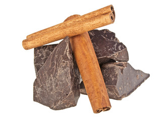 Chocolate bars and cinnamon sticks isolated on white background