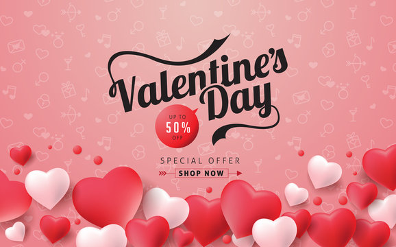 Valentines day sale background with icon set pattern. Vector illustration.Wallpaper.flyers, invitation, posters, brochure, banners.