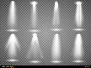 Vector light sources, concert lighting, stage spotlights set. Concert spotlight with beam, illuminated spotlights for web design illustration