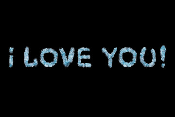 Inscription I LOVE YOU  made of blue tinsel on a black background. Isolated