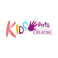 Kids Creative Class Template Promotional Logo With Child Hand Print, Symbols Of Art and Creativity