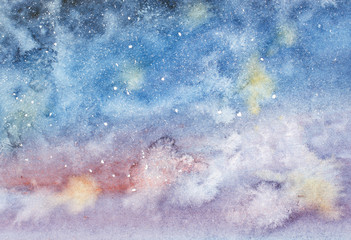 Night sky with stars hand drawn watercolor.