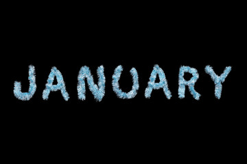 Inscription JANUARY made of blue tinsel on a black background. Isolated