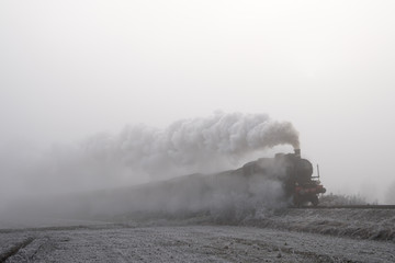 Fototapeta na wymiar Vintage steam train running in the fog