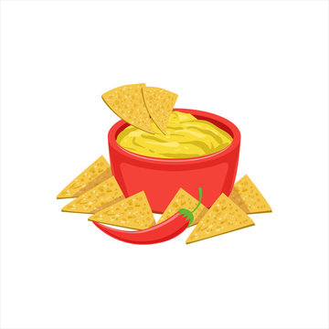 Nachos Chips With Cheese Dip Traditional Mexican Cuisine Dish Food Item From Cafe Menu Vector Illustration