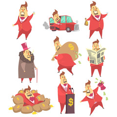 Millionaire Rich Man Funny Cartoon Character And His Money Set Of Lifestyle Situations