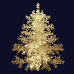 Gold Christmas tree with decorations.
