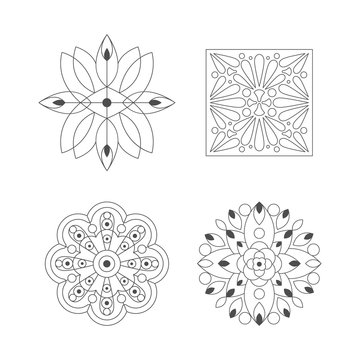 Regular Shape Four Doodle Ornamental Figures In Monochrome Colors For The Adult Coloring Book Set Of Illustrations