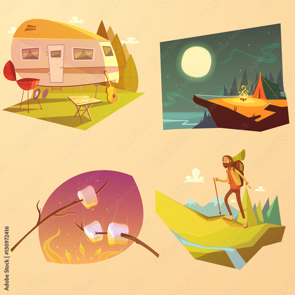 Sticker camping and hiking cartoon set