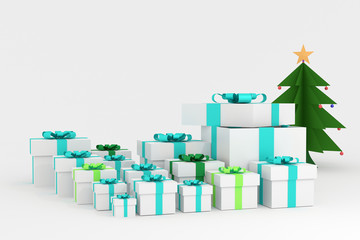 3d Rendering : illustration of realistic many size white square gift box with ribbon bow in empty room.isolate on white background.copy space for add your text.one box opened