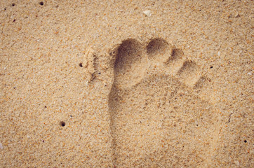 Copy space of footprint on sand beach. Travel concept.