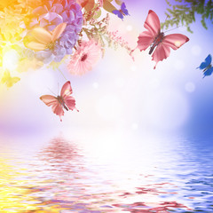 Amazing background with hydrangeas and daisies. Yellow and blue flowers on a white blank. Floral card nature. bokeh butterflies.