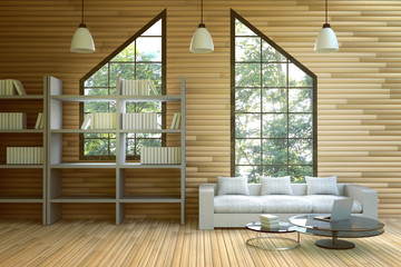 3D rendering : illustration of wooden house interior.living room part of house.white furniture in wooden room style.loft modern.wood tile wall and floor.laptop on glass table