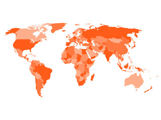 World map with names of sovereign countries and larger dependent territories. Simplified vector map in four shades of orange on white background.