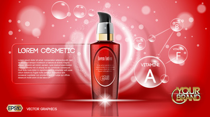 Digital vector red glass cosmetic container mockup with bubbles, with your brand, ready for print ads or magazine design. Transparent and shine, realistic 3d style