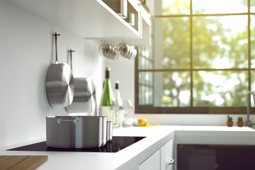 3D Rendering : illustration of modern interior kitchen room.kitchen part of house.black and white shelf.Mock up.shiny floor.green natural and light from outside.hipster.close-up pan or pot
