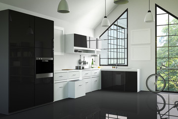 3D Rendering : illustration of modern interior kitchen room.kitchen part of house.black and white shelf.Mock up.shiny floor.green natural and light from outside.hipster