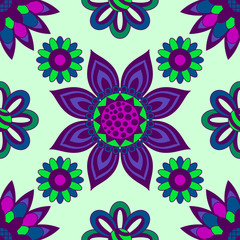Abstract Seamless Background with Symbolical Colorful Patterns and Floral Ornaments. Vector