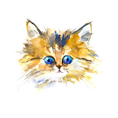 Postcard with ginger kitten.Red cat greeting card.Watercolor hand drawn illustration.White background.