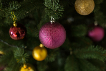 Decorations, purple and gold  balls on Christmas tree