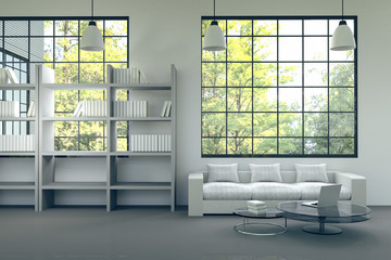 3D rendering : illustration of  modern house interior.living room part of house.white furniture in white room style.modern house.white wall and black floor.laptop on glass table