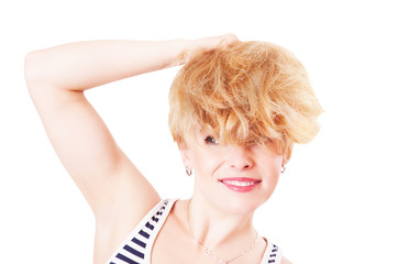 Cheerful funny woman with shaggy hair