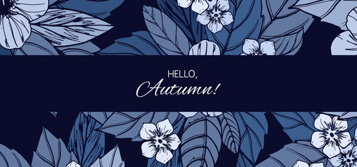 Indigo autumn floral design with hibiscus flowers.