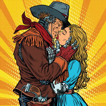Steampunk robots. Cowboy kisses the girl