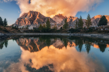 Italy. Dolomites. Sunset on Lake Limides - obrazy, fototapety, plakaty