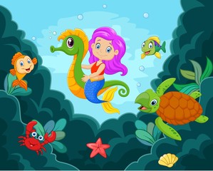 Fototapeta na wymiar Cartoon little mermaid playing with seahorse