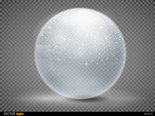 Fototapeta na wymiar Christmas snow globe isolated on transparent checkered background vector illustration. Winter in glass ball, crystal dome with snowflake