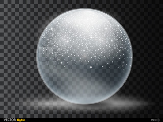 Christmas snow globe isolated on transparent checkered background vector illustration. Winter in glass ball, crystal dome with snowflake