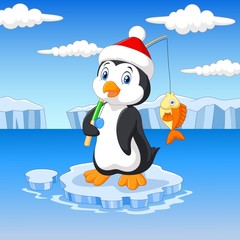 Obraz premium Cartoon fishing penguin standing on ice floe