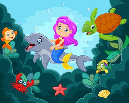 Cartoon little mermaid playing with dolphin