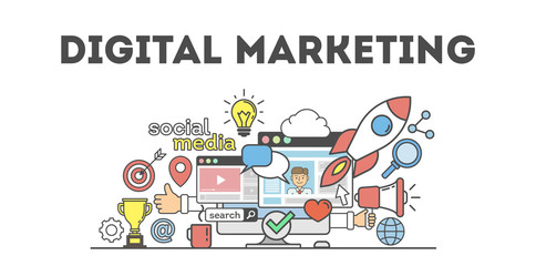 Naklejka premium Digital marketing concept poster. Digital design. Social network and media communication.