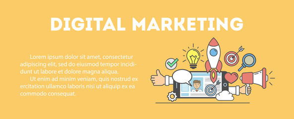 Digital marketing concept poster. Digital design. Social network and media communication. Text template.