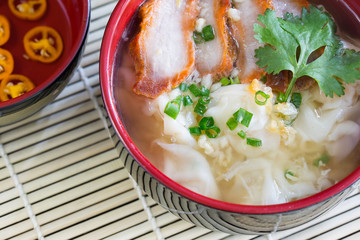 Shrimp Wonton with roasted red pork in soup