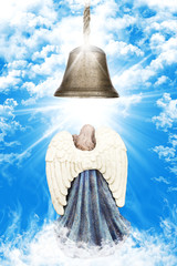 Angel With White Wings Standing Beneath A Church Bell In Heaven