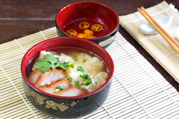 Shrimp Wonton with roasted red pork in soup