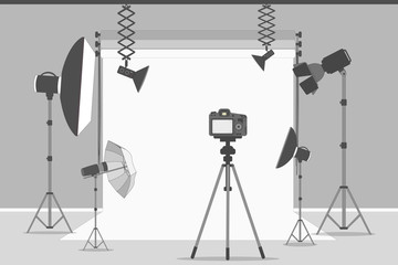 Simple photo studio. White background with lights and cameras.