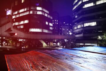 wooden desk and city landscape 