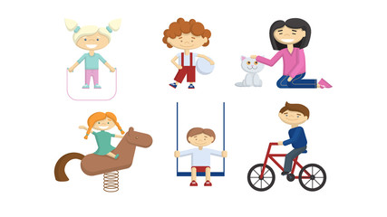 Children on playground. Isolated kids on white background. Smiling colorful cartoon characters.