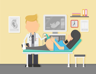 Ultrasound during pregnancy. Doctor doing sonography to a pregnant woman.