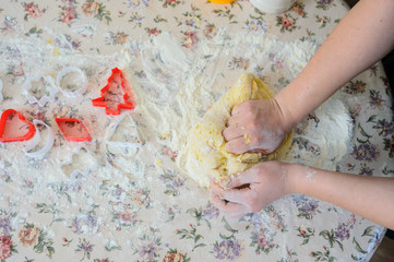 preparation dough for cookies in christmas style beautiful view with child